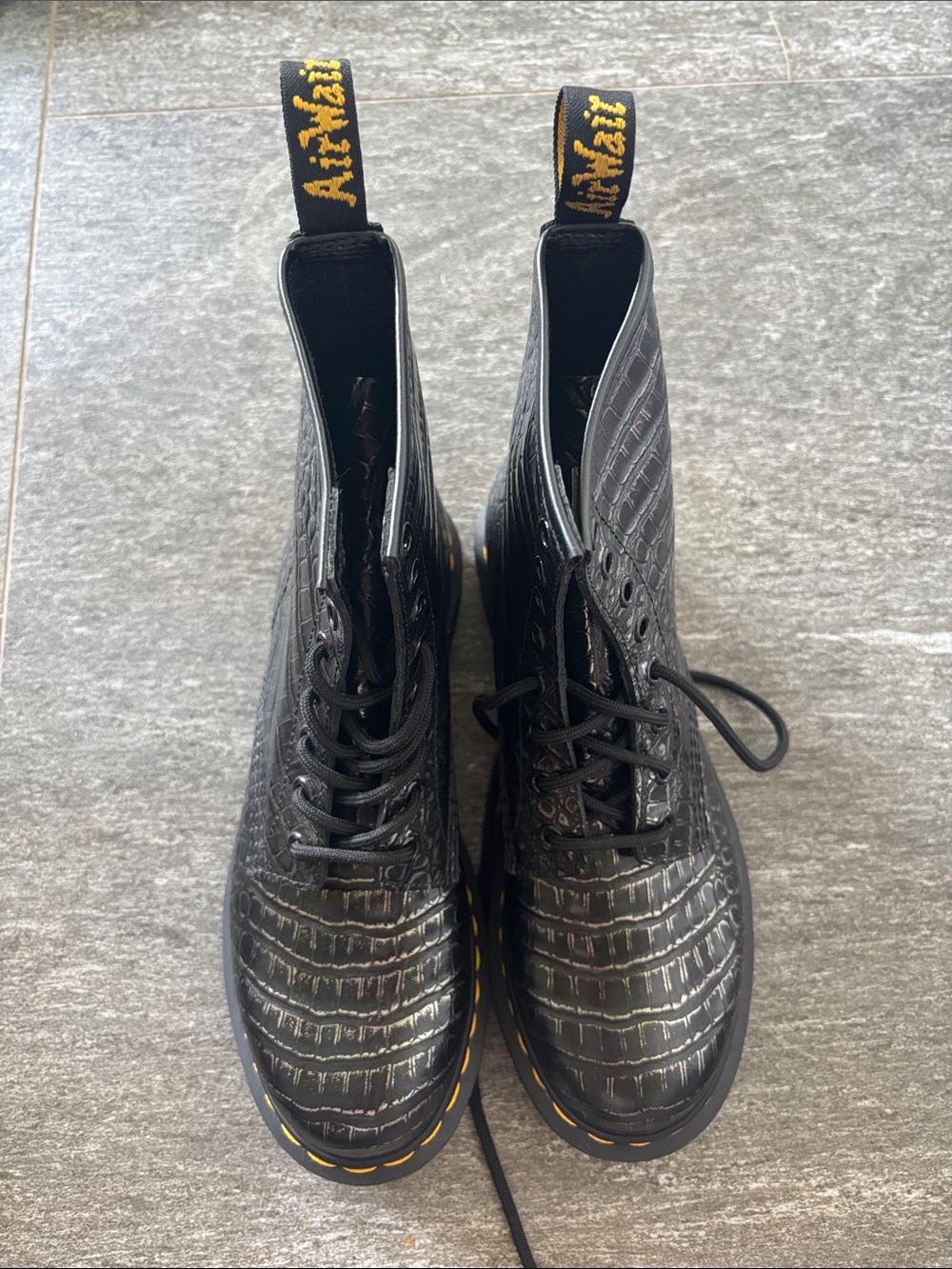 Dr. Martens Black Croc-Embossed Lace-Up Boots with Yellow Pull Tabs